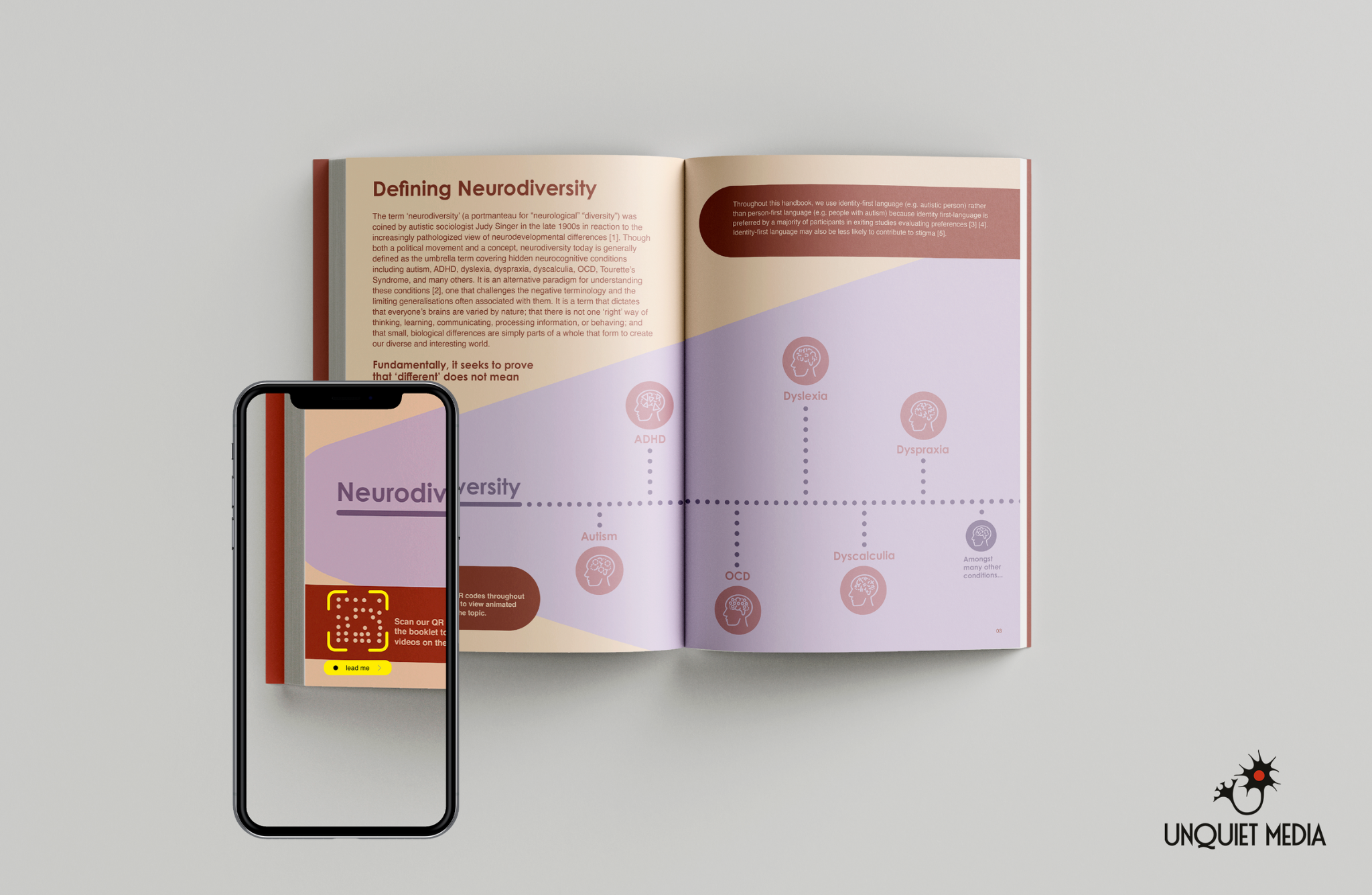 cylchgrawn agored yn gorwedd yn fflat ar gefndir llwyd golau. Mae yna baragraff o destun a theitl sy'n darllen 'Defining Neurodiversity'. Mae iPhone yn sganio dros y cylchgrawn yn y gornel chwith isaf. Mae logo "UNQUIET MEDIA" i'w weld yn y gornel dde isaf.