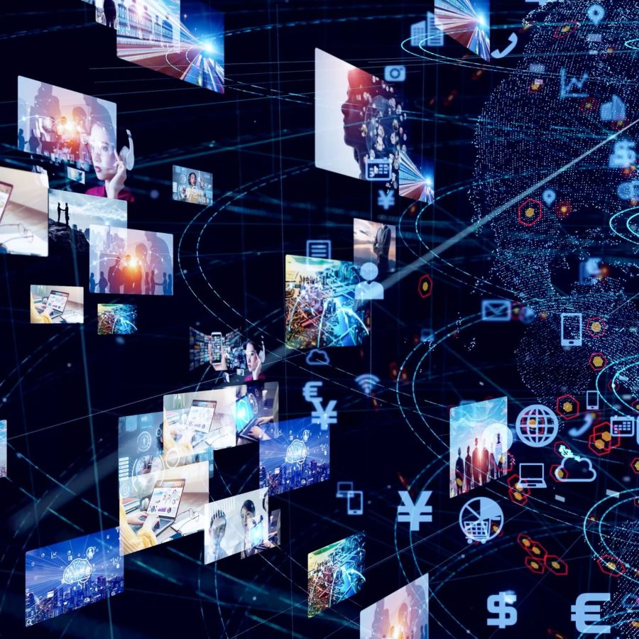 Collage digidol yn dangos delweddau ac eiconau rhyng-gysylltiedig, yn symbol o dechnoleg, cyfathrebu, a chysylltedd byd-eang â symbolau arian cyfred a rhyngwynebau digidol amrywiol.