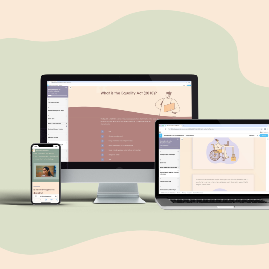 Smartphone, desktop, and laptop showing different pages of an online course on equality and accessibility.