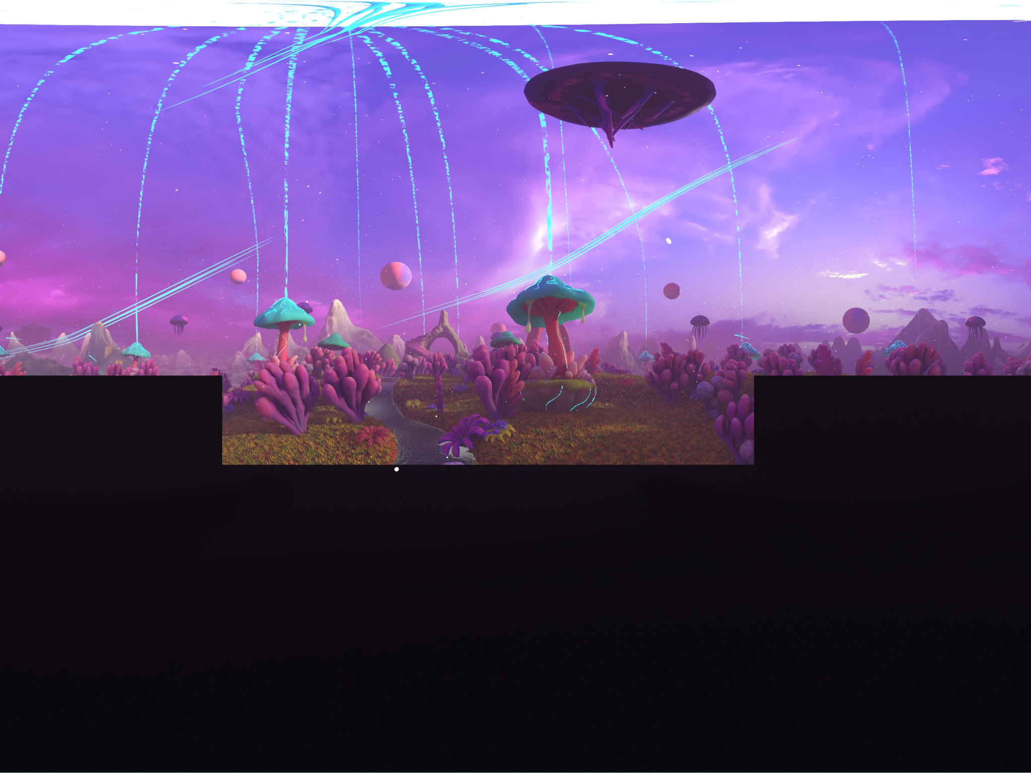 A futuristic, otherworldly landscape with coral-like plants and mushroom forms beneath a purple sky, as a floating dome releases glowing blue energy streams across the scene.