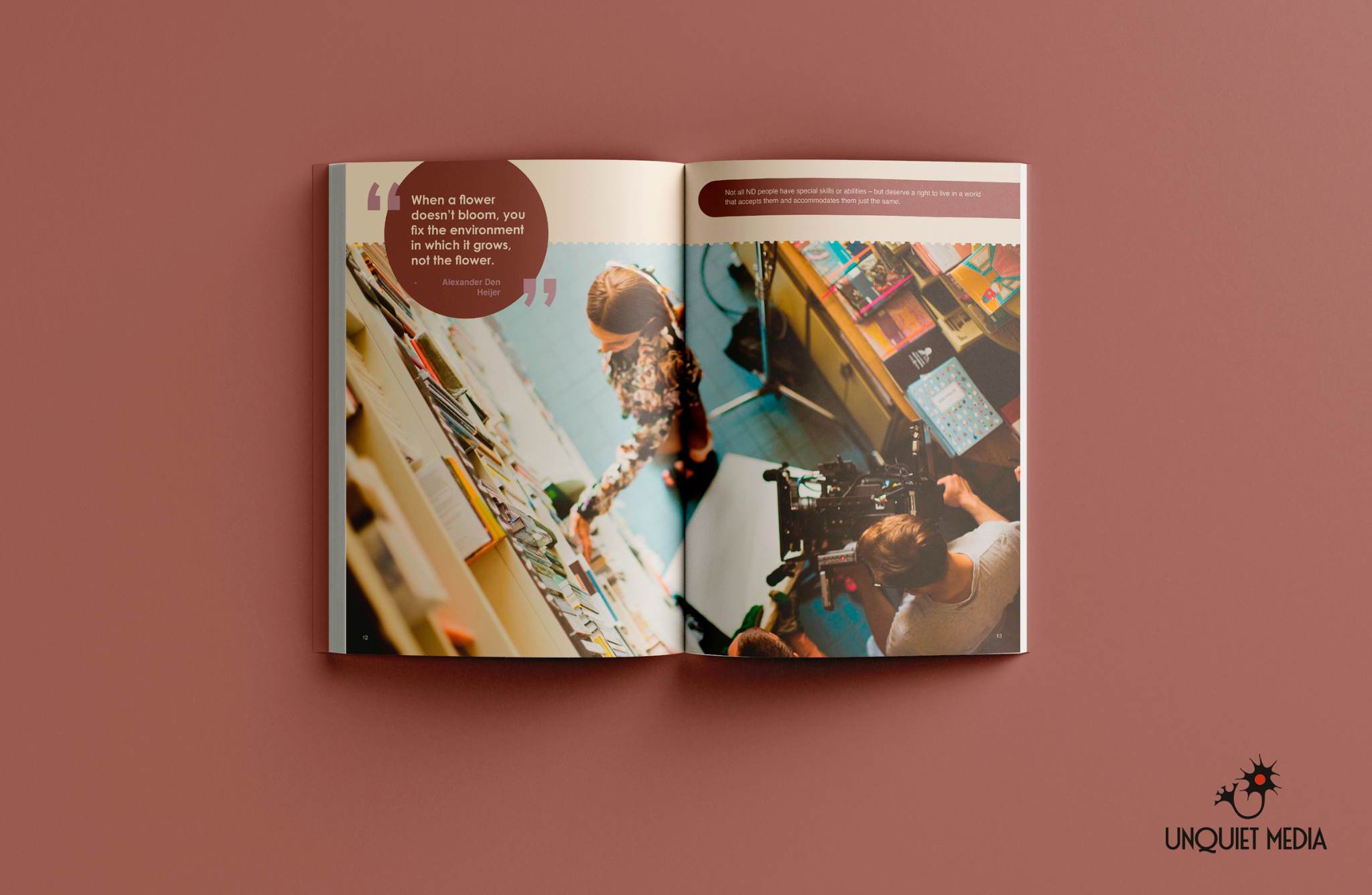 an open magazine laying flat on a terracotta orange background, there is an image on it of a person filming someone putting books on a shelf. Logo of "UNQUIET MEDIA" is visible in the bottom right corner.