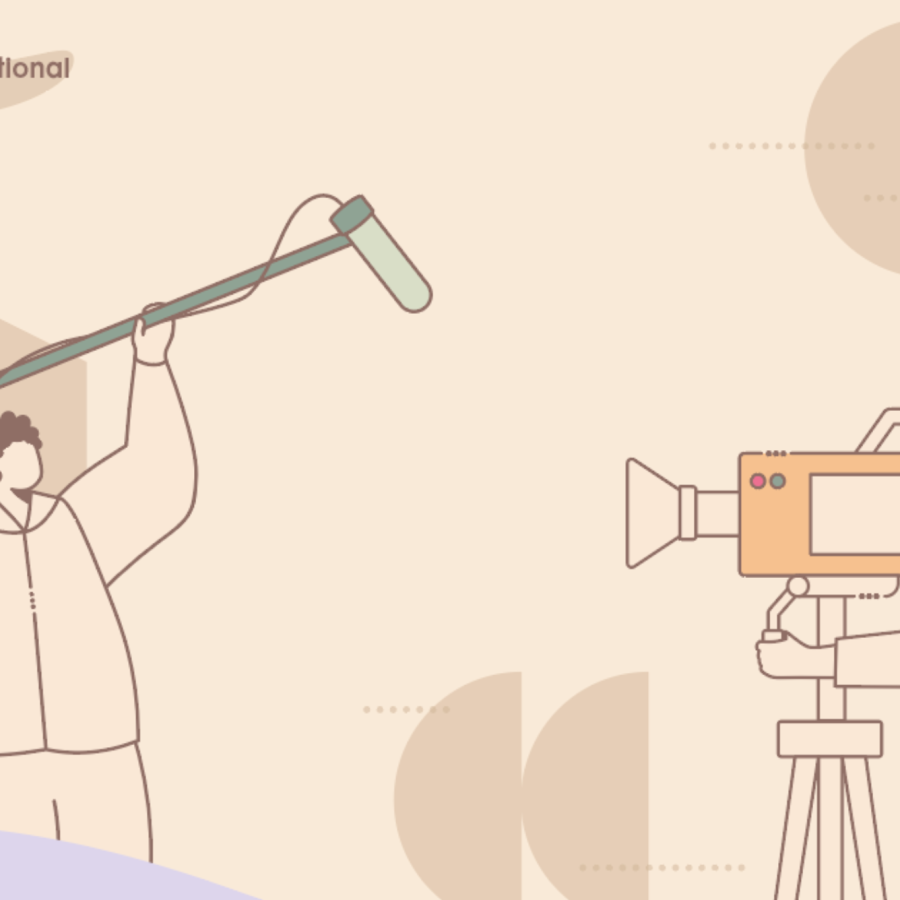 an animated graphic of people holding filming equipment - the person on the left is holding a sound boom and the person on the right is operating a film caerma. The background is light orange and there is an exceptional minds logo in the top left hand corner