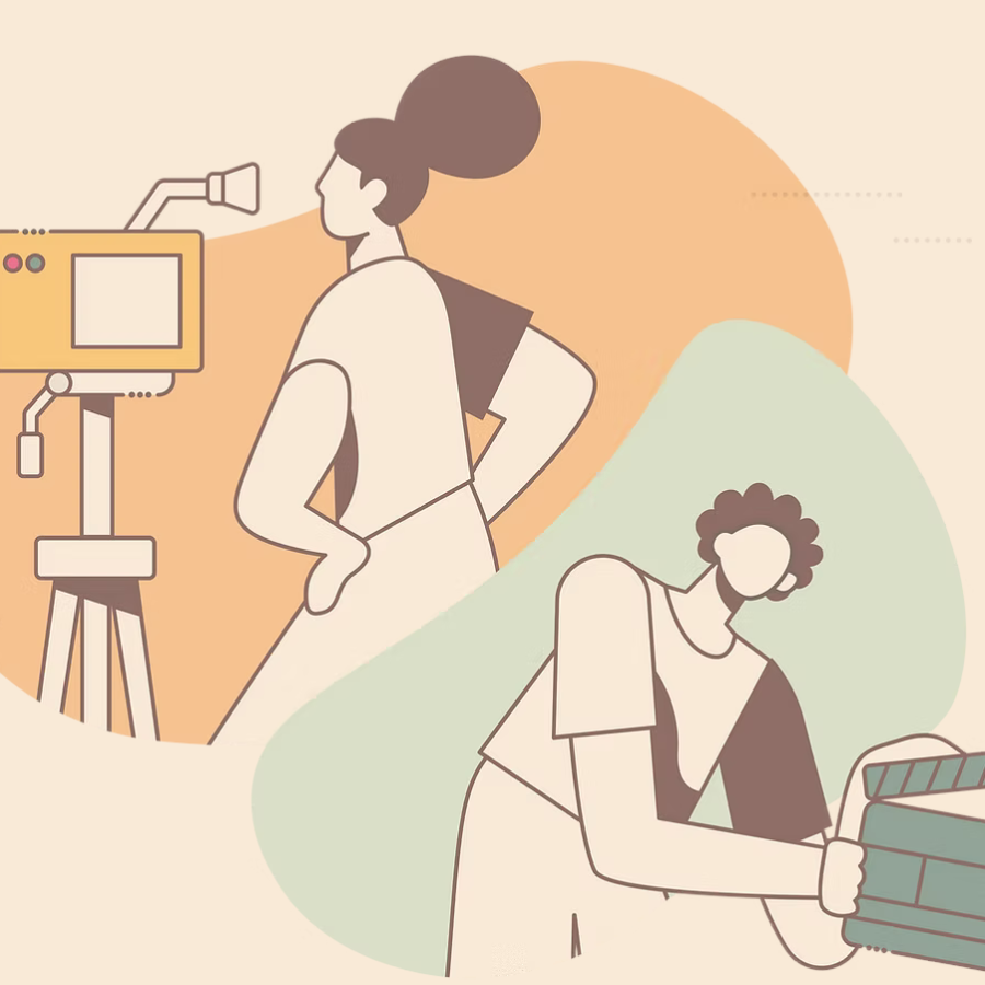 Cartoon graphic depicting a woman with a video camera and another person with a clapperboard