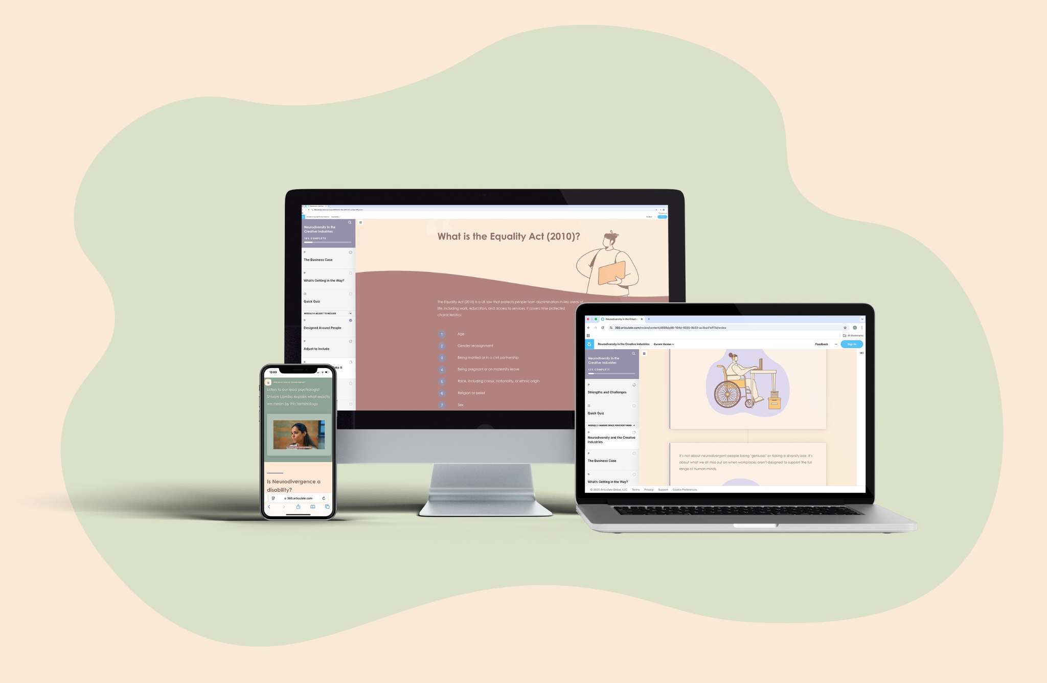 Smartphone, desktop, and laptop showing different pages of an online course on equality and accessibility.