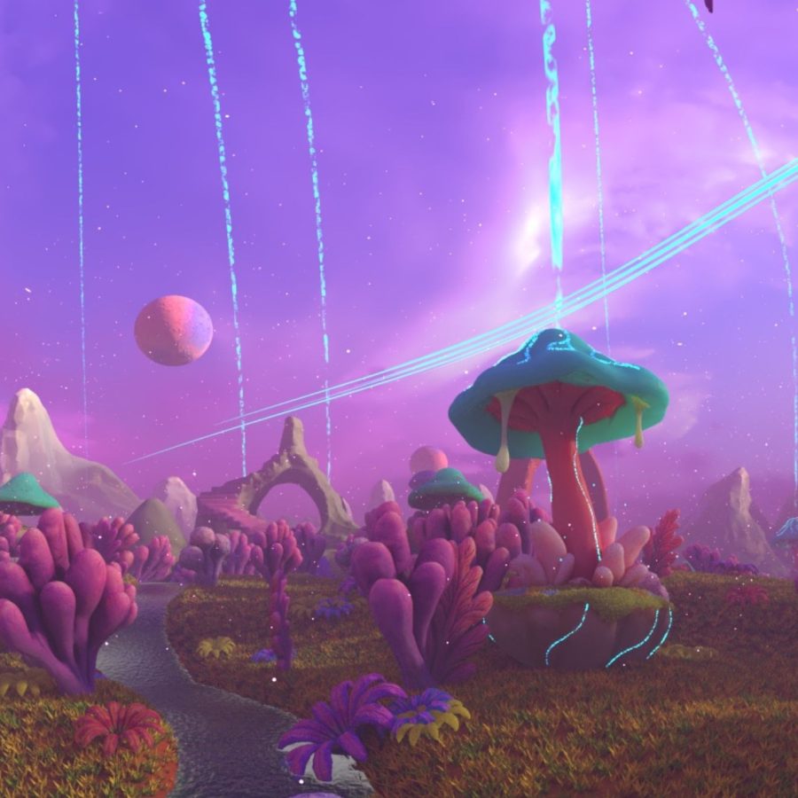 A futuristic, otherworldly landscape with coral-like plants and mushroom forms beneath a purple sky, as a floating dome releases glowing blue energy streams across the scene.