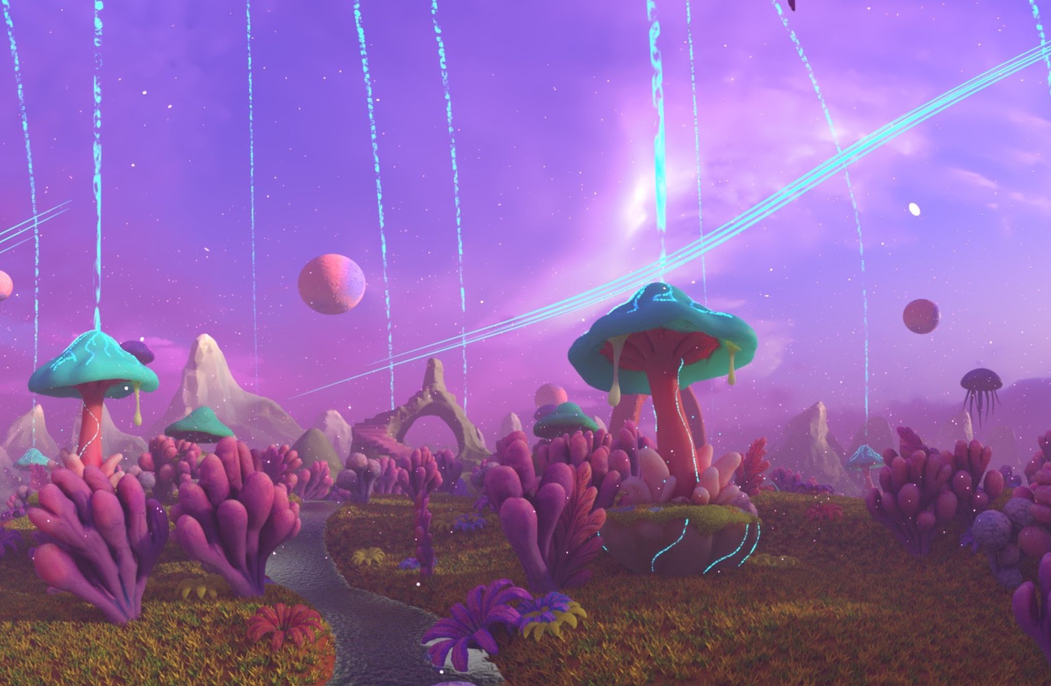A futuristic, otherworldly landscape with coral-like plants and mushroom forms beneath a purple sky, as a floating dome releases glowing blue energy streams across the scene.