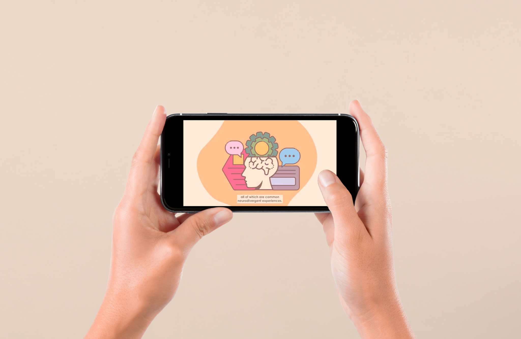 Hands holding a phone showing a brain with a gear, speech bubbles, and text about neurodivergent experiences.