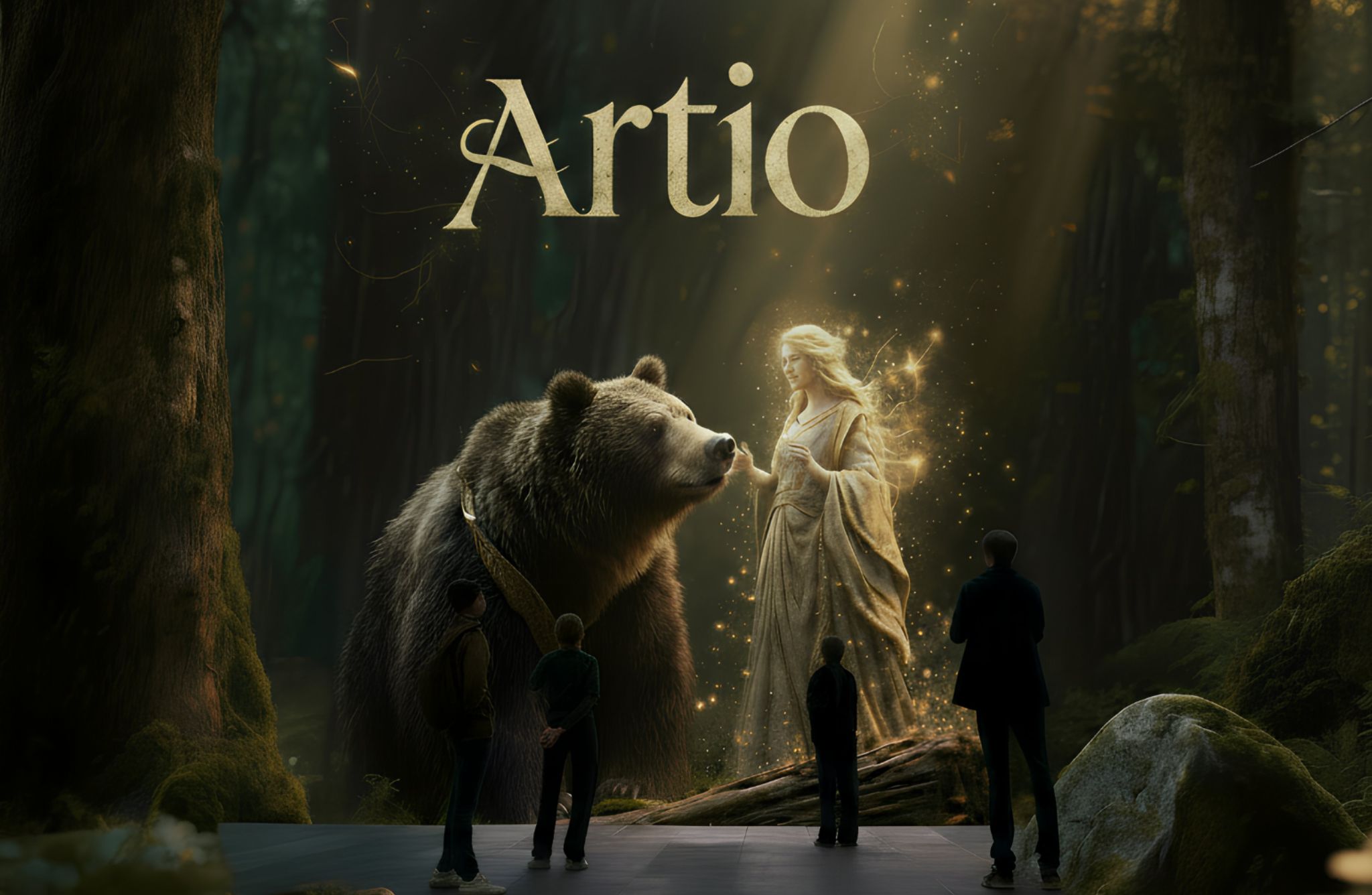 A mystical forest scene featuring a large bear facing a glowing, goddess-like figure surrounded by golden light, while several silhouetted figures stand on a path beneath the title “Artio.”