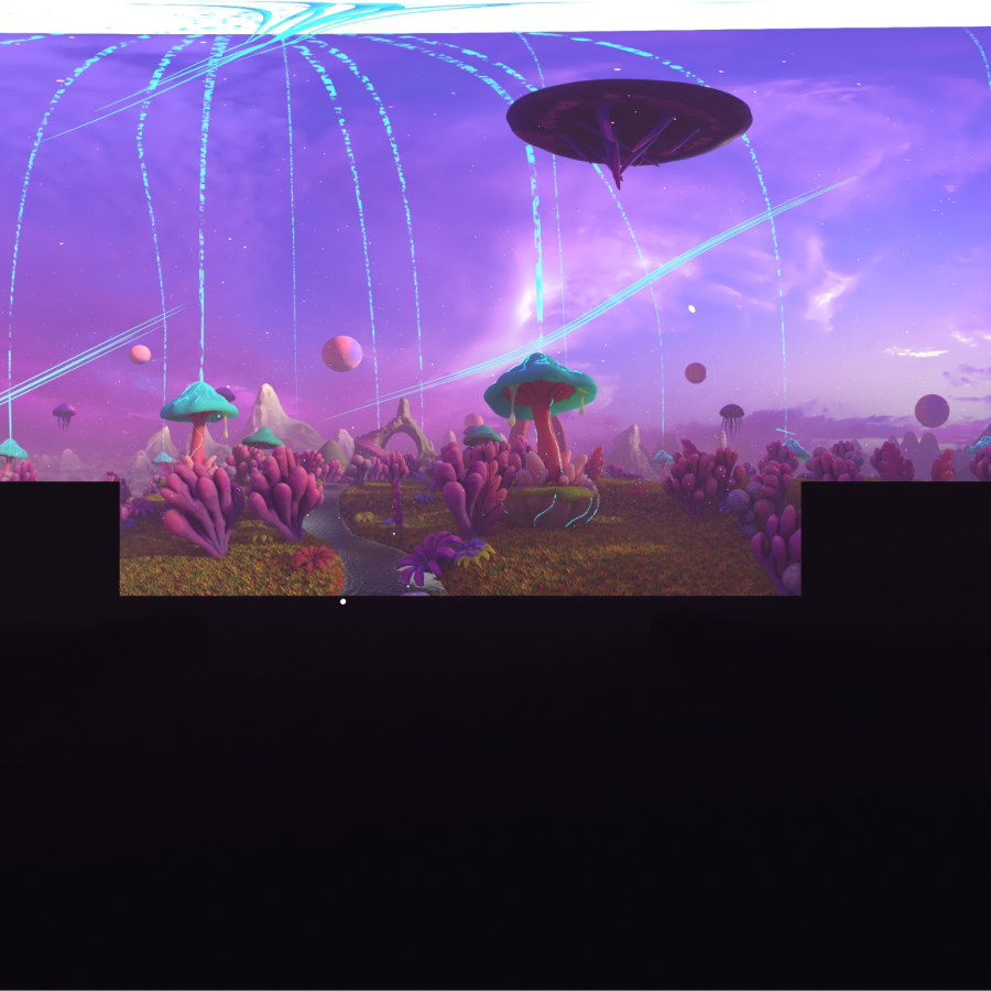 A futuristic, otherworldly landscape with coral-like plants and mushroom forms beneath a purple sky, as a floating dome releases glowing blue energy streams across the scene.