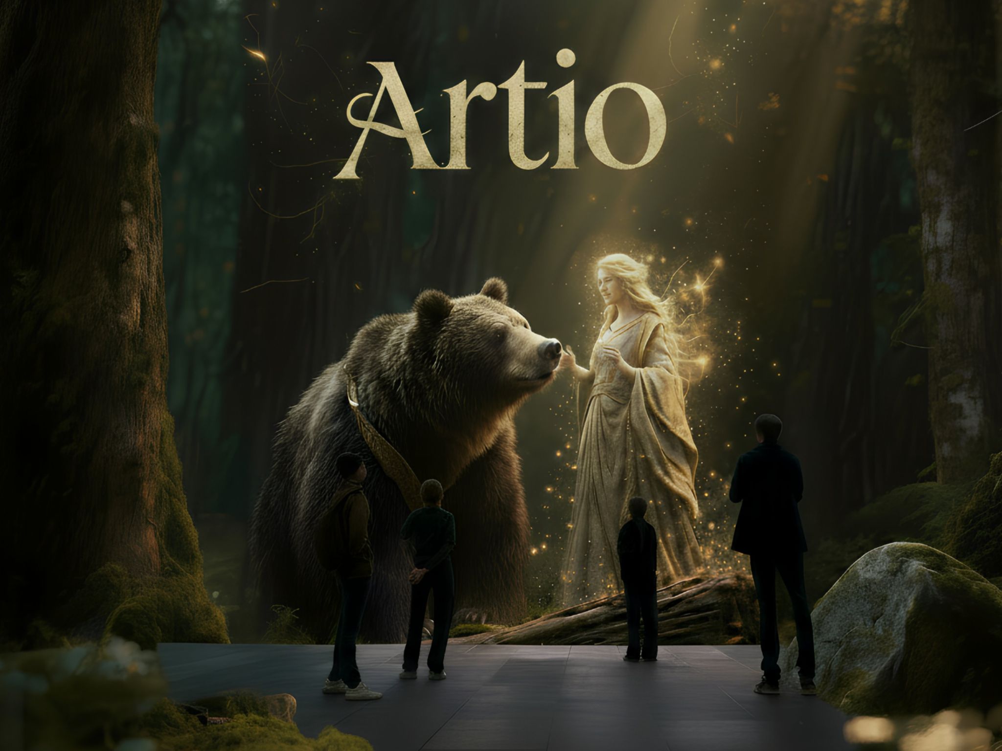 A mystical forest scene featuring a large bear facing a glowing, goddess-like figure surrounded by golden light, while several silhouetted figures stand on a path beneath the title “Artio.”