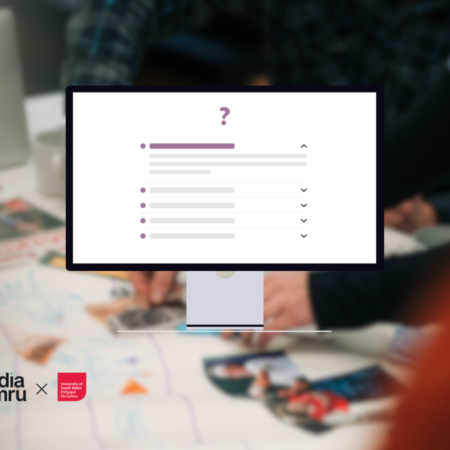 icon of a computer on a blurry background with Media Cymru and USW logos on the left side